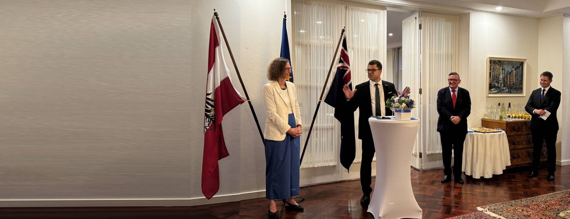 Elisabeth Koegler, Austrian Ambassador;  Martin Rampl, Managing Director Frequentis Australasia;  Steven Georganas MP, Member of Parliament and Chair of the Austrian/Australian Parliamentary Friendship Group;  Karl Wannenmacher, CTO Frequentis AG