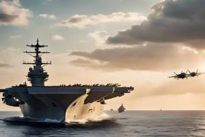 US Navy aircraft carrier with two approaching aircraft at dusk 