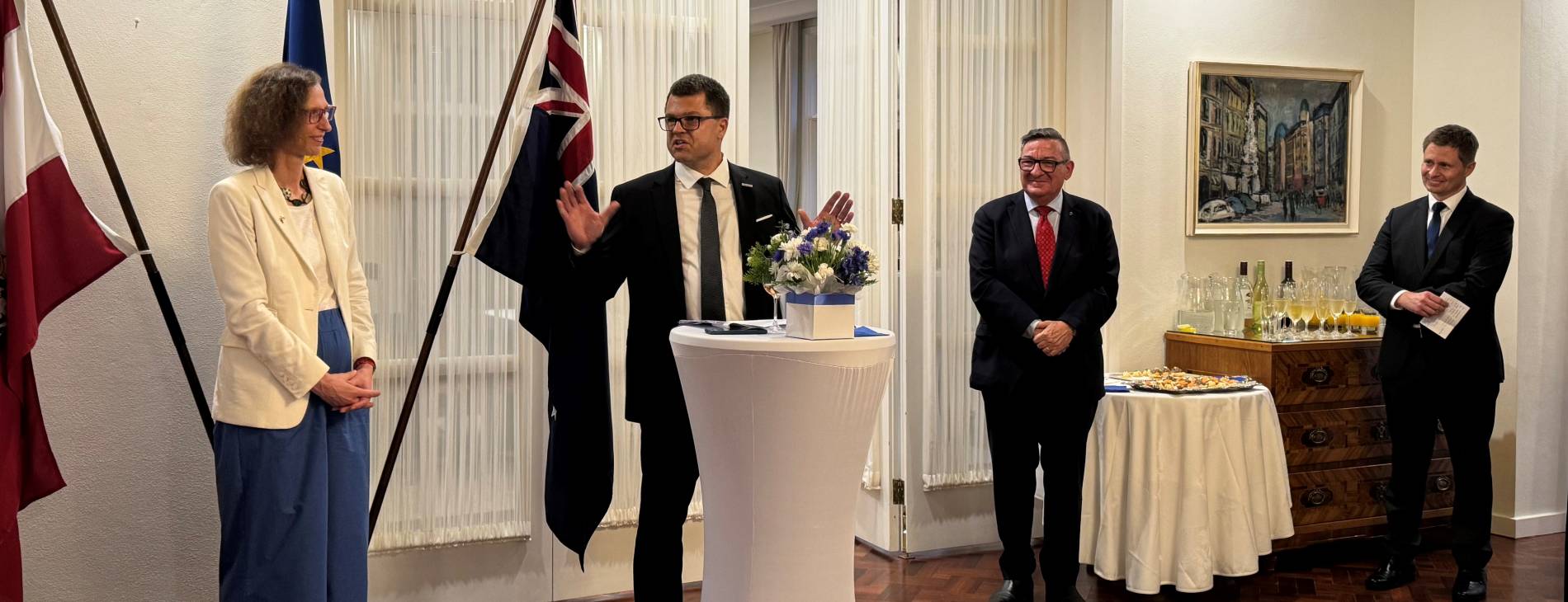 Elisabeth Koegler, Austrian Ambassador;  Martin Rampl, Managing Director Frequentis Australasia;  Steven Georganas MP, Member of Parliament and Chair of the Austrian/Australian Parliamentary Friendship Group;  Karl Wannenmacher, CTO Frequentis AG