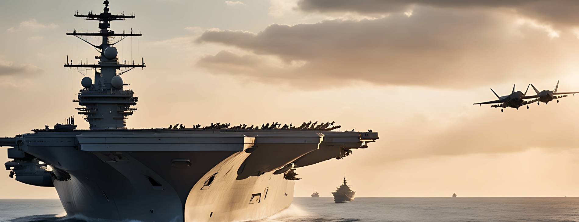 US Navy aircraft carrier with two approaching aircraft at dusk ; (c) adobe photostock